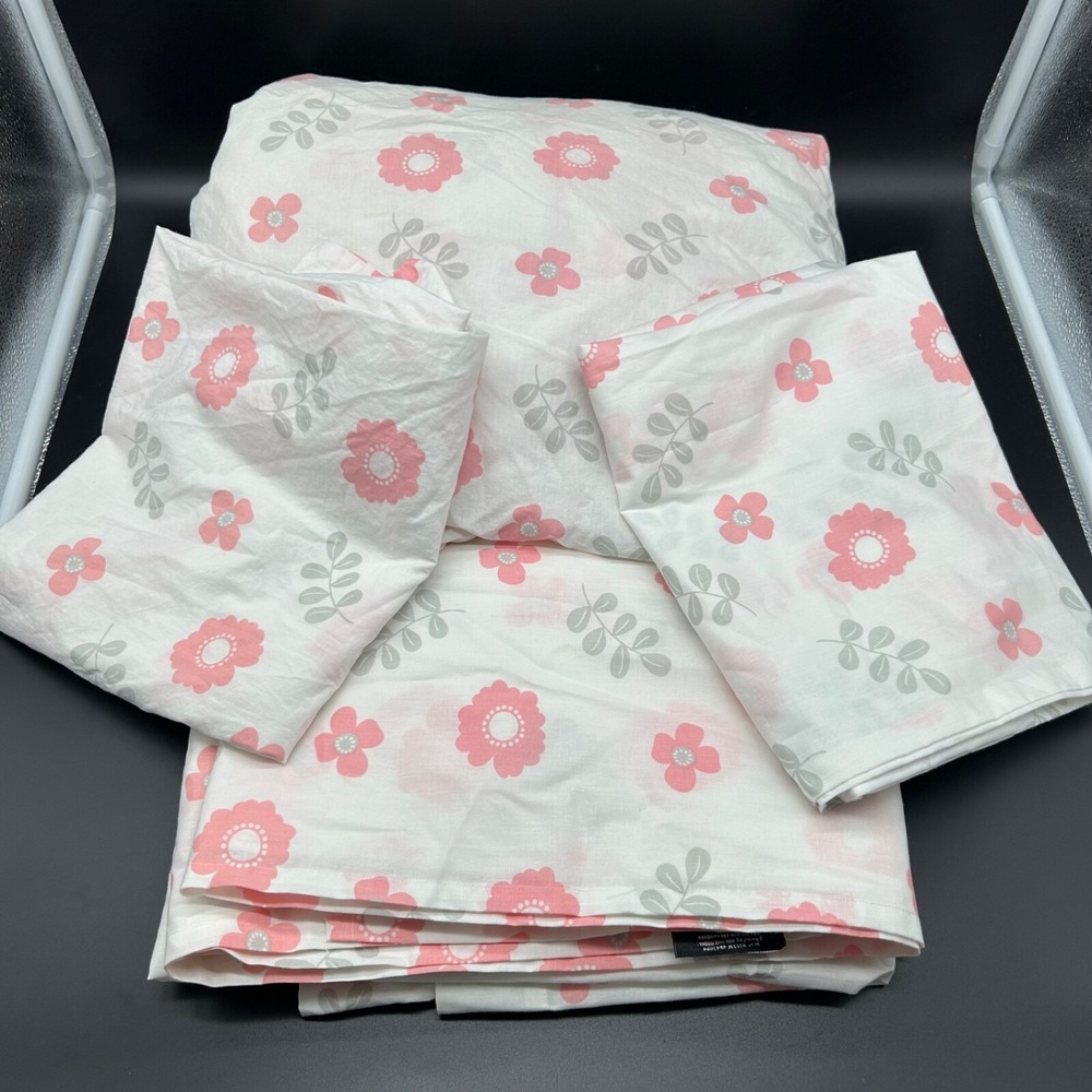 Saturday Park Sheet Set Flat Fitted Twin Cases Cutout Floral‎ Pink Grey White